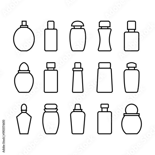 Set outline perfume bottle silhouette. Line art vector icons on white background.