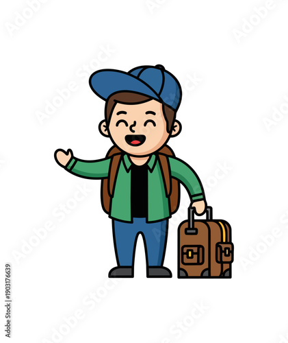 Cartoon traveler with backpack and suitcase on black background