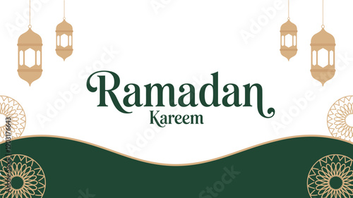 Ramadan Kareem decorative vector banner with gold lanterns, green border, circular Islamic patterns, and festive greeting design for holy month