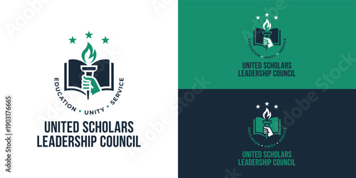 Minimalist Education and Service Council Logo Design - Torch, Book and Stars Emblem Badge