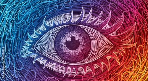 Vibrant Abstract Eye Art with Psychedelic Swirling Lines and Gradient Colors Revealing Inner Vision