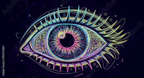 Vibrant abstract human eye illustration with a mystical glow and psychedelic neon colors against a