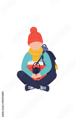 Person with backpack and camera sitting illustration