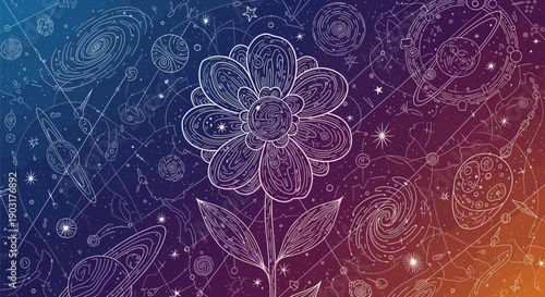 Cosmic flower illustration blooming in a vibrant gradient universe with stars and galaxies art