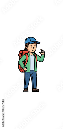 Young person with backpack holding device cartoon illustration