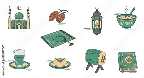 Ramadan Icônes et Symboles en Duotone Vert