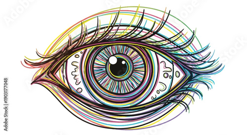 Vibrant abstract eye illustration made with colorful lines expressing creativity and unique