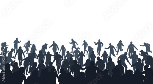Diverse crowd silhouette featuring energetic people running, jumping, and moving in a dynamic composition against a bright white background vector.