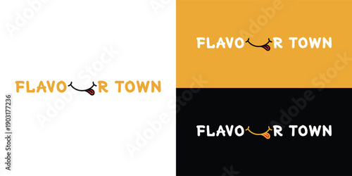 Playful Flavour Town Wordmark Food Logo with Drooling Tongue Illustration for Restaurant or Cafe