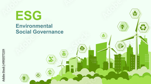 ESG Environmental Social Governance Concept Illustration with Green Ecology and Renewable Energy Design for Sustainable Business