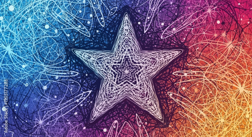 Vibrant abstract star pattern with swirling lines and gradient colors creating energetic visual