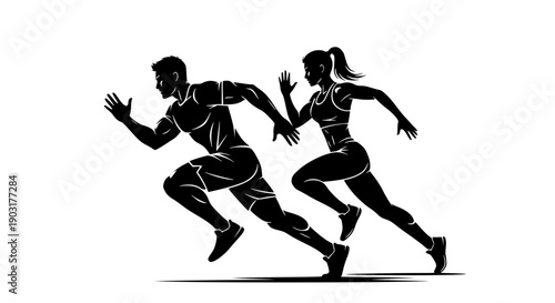 Running man and woman, isolated vector silhouettes. Run, side view. Silhouettes of athletic looking male and female runners running. Transparent background SVG version.
