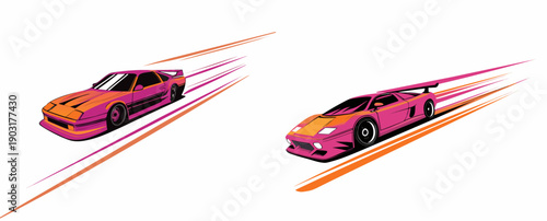 A vector graphic illustration of two racing cars speeding on a track with motion lines