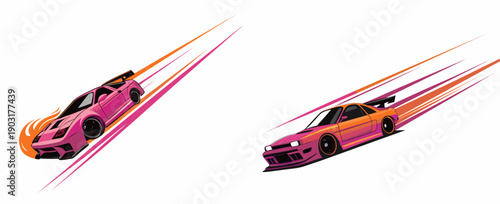 A vector graphic illustration of two racing cars speeding in opposite directions with vibrant motion lines