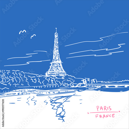 Hand drawn vector illustration of Eiffel Tower in Paris. Blue color. Iconic France landmark sketch for tourism travel graphics. Romantic cityscape symbol artwork