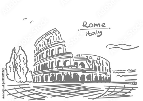 Hand drawn vector illustration of Rome Colosseum. Gray color. Iconic Italy amphitheatre landmark with ancient arches. Tourism travel architecture graphic