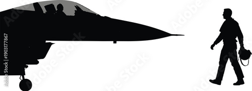 Military fighter jet silhouette with pilot walking, aviation mission concept, air force readiness, modern combat aircraft, black vector illustration