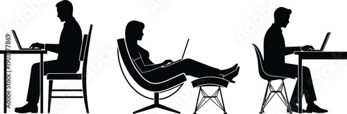 People, silhouette, working, laptop, computer, office, home, workspace, sitting, typing, freelance, remote, job, black, figures, isolated, white, background, technology, illustration