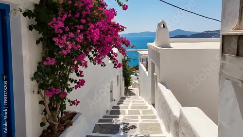 A narrow cobblestone alleyway in Greece, lined with white buildings and bright blue doors, draped in pink bougainvillea.
