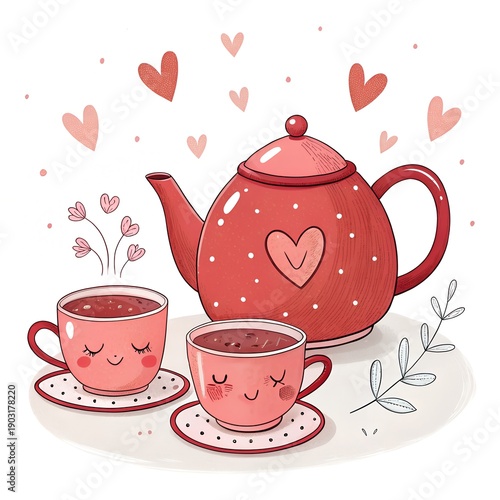 Charming Red Teapot with Heart Design and Matching Cups, Cute Romantic Kitchenware Illustration on the white background.