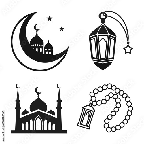 Black and white ramadan icons with mosque, lantern, rosary and crescent moon