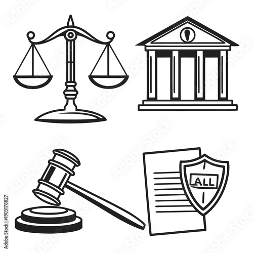 Black and white line art illustration of law and justice icons