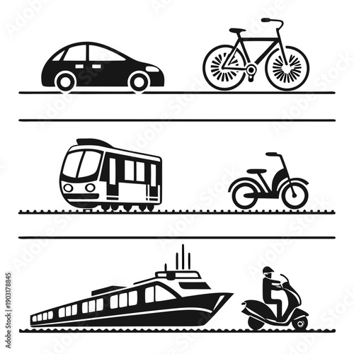 Black silhouettes of various transportation vehicles