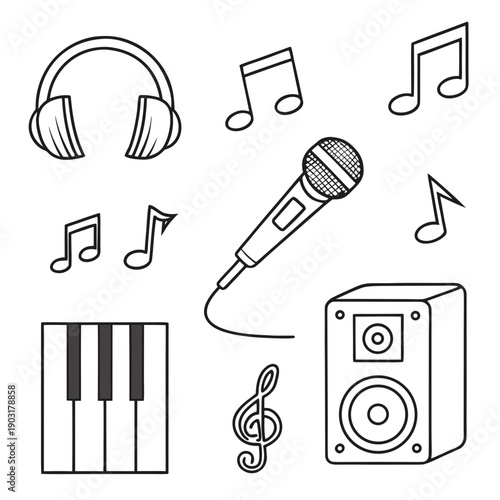 Music icons including headphones, microphone, notes, speaker and piano