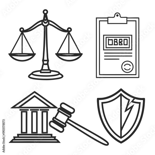 Black and white line art icons of law and justice symbols