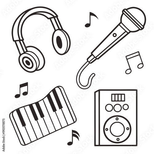 Black and white line drawing of music equipment and headphones