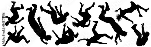 A set of silhouettes of falling people depicting a person's rapid descent. Silhouettes of man falling or descending on a white background. Vector illustration