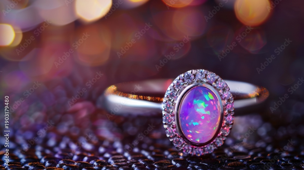 Fototapeta premium Elegant Opal Ring with Sparkling Diamonds on Dark Background with Bokeh Lights and Textures