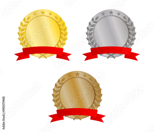 赤いリボン付き金銀銅メダルのリアル質感アワードアイコン素材