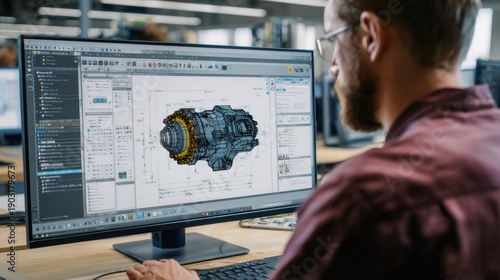 Engineer designs machinery component on computer screen close up