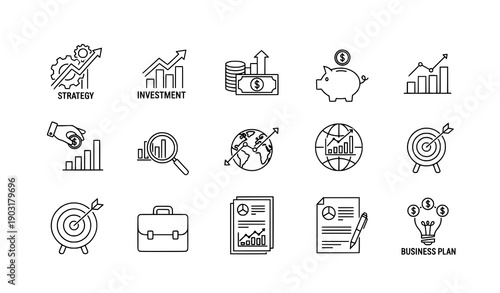 Editable stroke entrepreneurship icons vector set for finance and strategy concepts