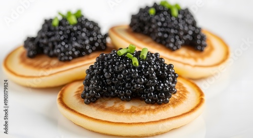 Crispy blini with black caviar and fresh herbs
