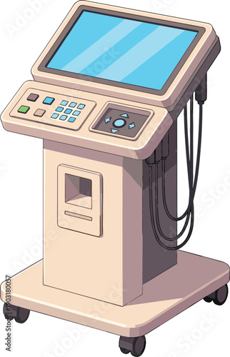 Modern medical diagnostic workstation with digital screen control panel and sensors for clinical ultrasound or patient monitoring illustration