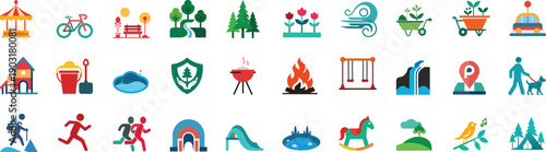 Park and outdoor recreation colorful icon set, city garden playground leisure symbol, hiking camping nature activity vector illustration 