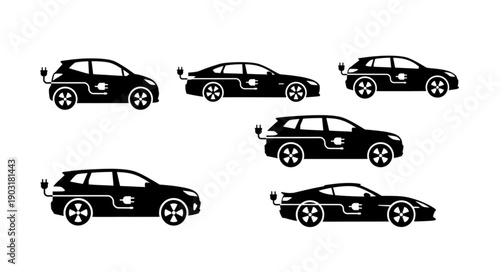 Collection of electric car silhouettes in black and white.