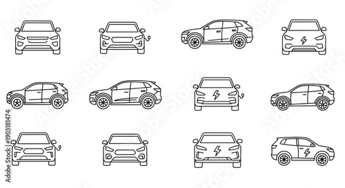Collection of electric car outlines in various views.