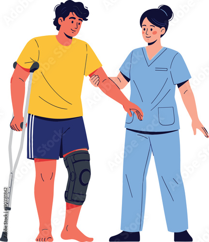 Nurse assisting male patient with knee brace and crutch during post-surgery rehabilitation or physical therapy session vector