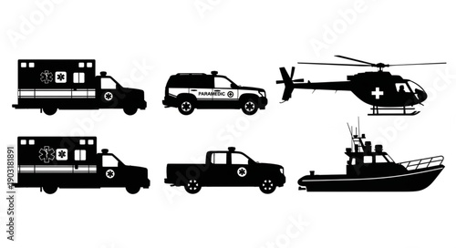 Collection of emergency service vehicles and aircraft silhouettes.