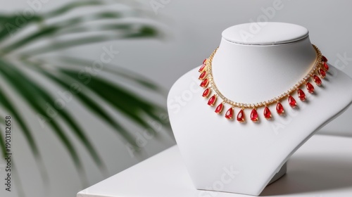 Wallpaper Mural Elegant red gemstone necklace displayed on a white bust with greenery in the background for jewelry showcase and fashion marketing Torontodigital.ca