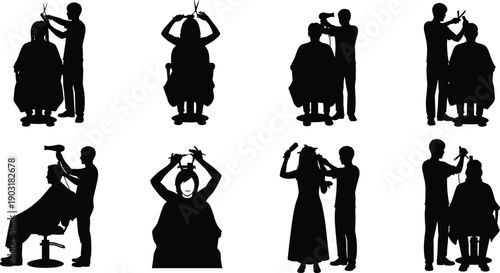 Black silhouettes of people getting haircuts and styling hairstyle barber salon