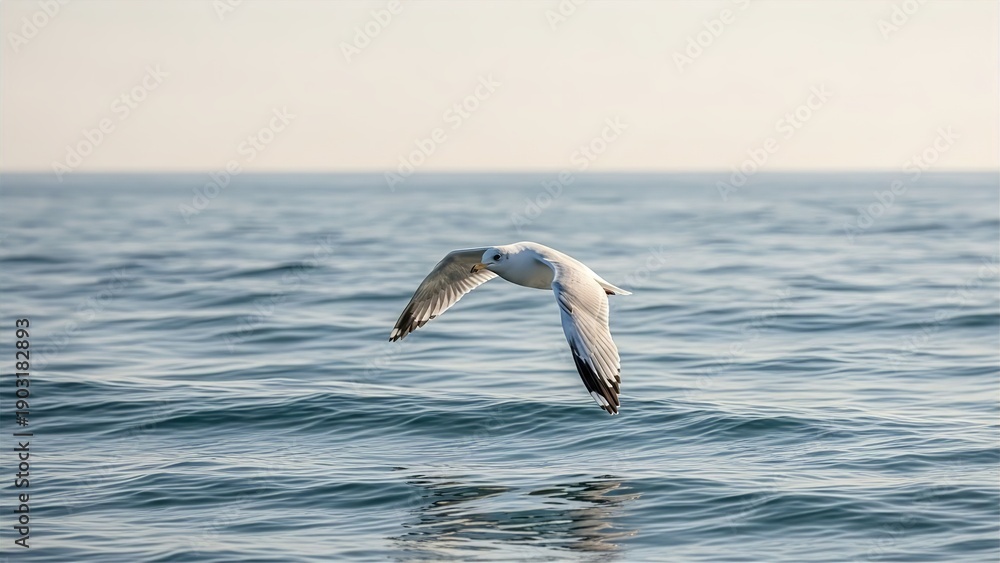 Fototapeta premium “Seagull Flying Over Ocean with Clear Horizon”