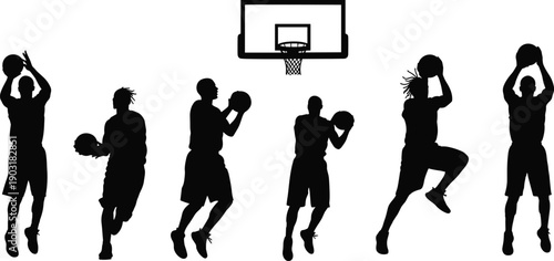 Black silhouettes of six basketball players and a hoop on white background