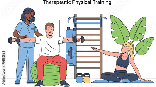 People exercising in rehabilitation clinic with physiotherapist for therapeutic physical training and wellness recovery flat vector illustration
