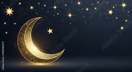 Luxury ramadan background with gold moon and stars, dark navy color, premium style
