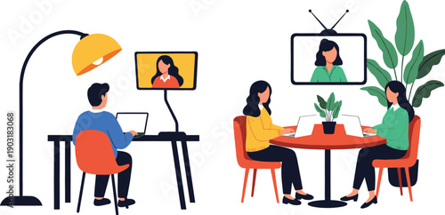 People working remotely and in office on laptops with video conference screens for hybrid work and telecommuting concept