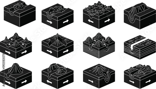 Geologic block diagrams showing various types of faults and mountain formation tectonic plates